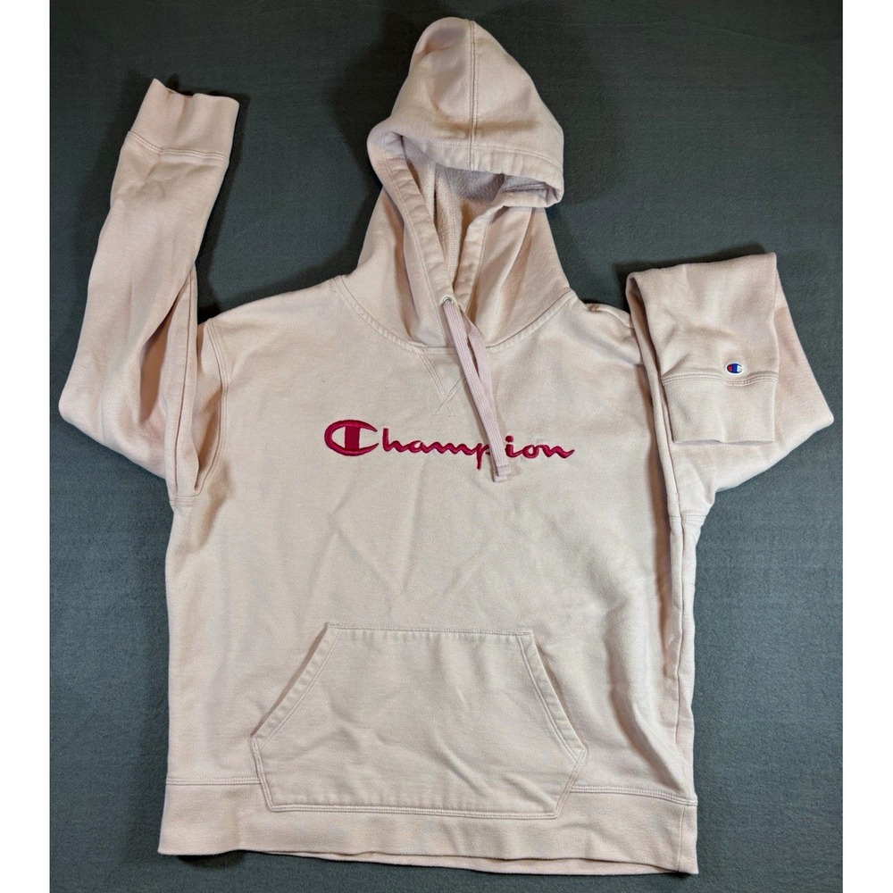 Champion Womens Large Pink Hoodie Script Logo Pullover Fleece Y2K Streetwear L